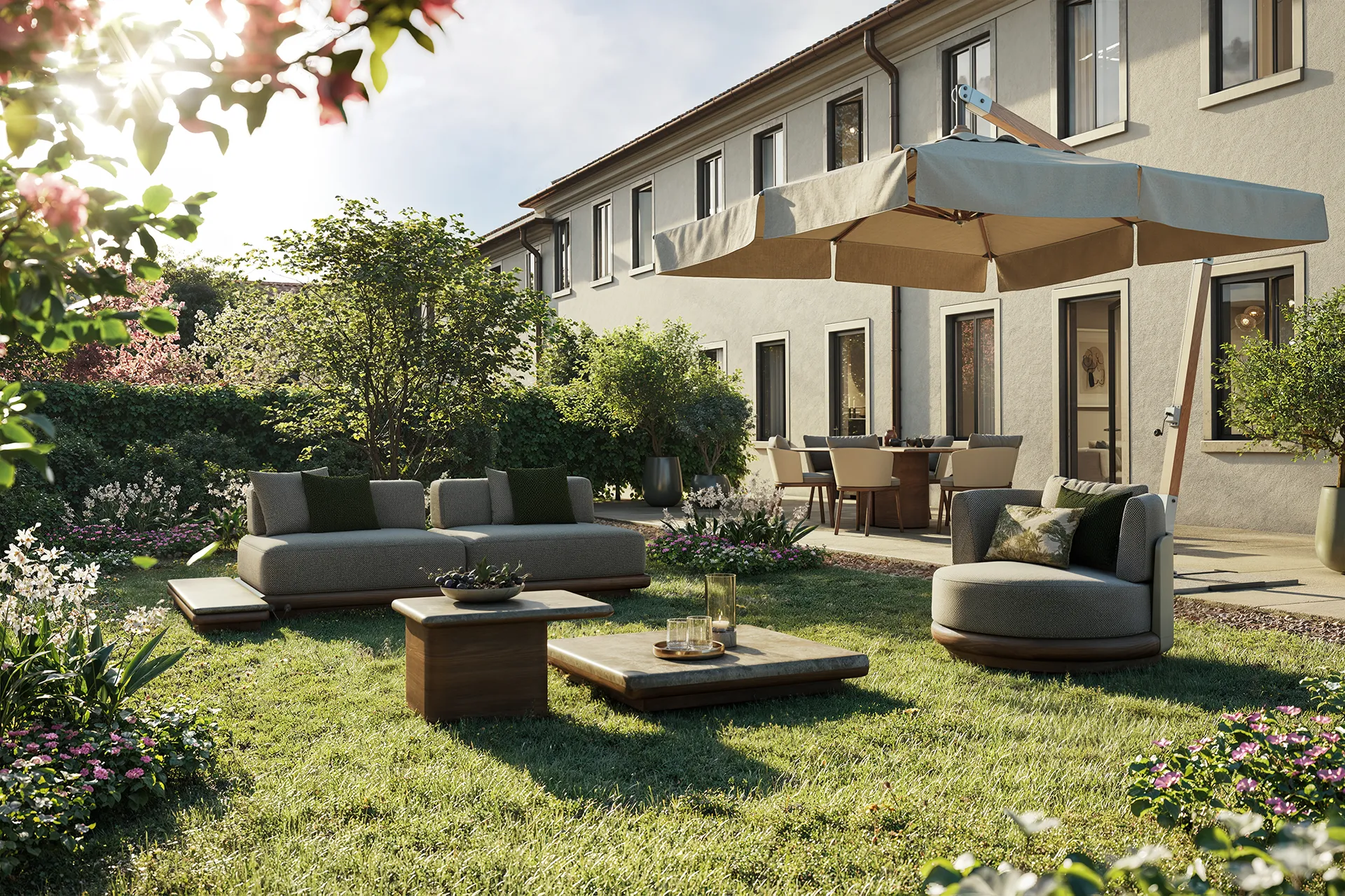 Giardino privato delle residenze Mulini Mandelli immerso nella natura del Parco del Sile.
